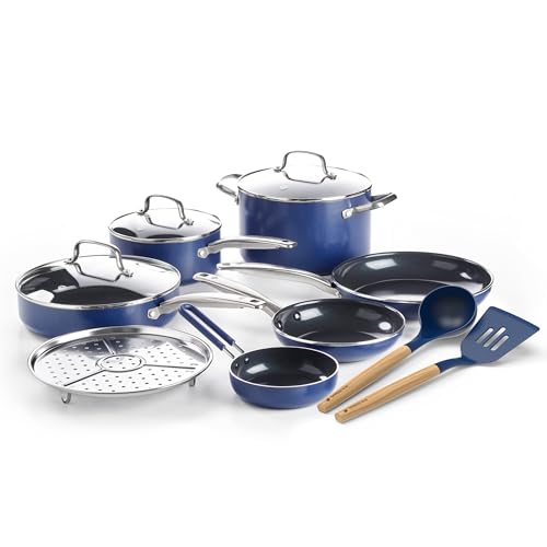 Blue Diamond 12 Piece Nonstick Cookware Set, Diamond Ceramic Pots & Pans, Dishwasher & Metal Utensil Safe, Non Toxic PFAS-Free, Kitchen Cooking Sauce & Saute Pans, Oven & Broiler to 600F, Blue