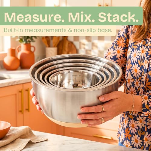 Non-Toxic Stainless Steel Mixing Bowls, Glass Lids, Plastic Free, 5-Pcs | LFGB platinum silicone seal. Keeps food fresh longer. Airtight. Non-slip silicone base. Dishwasher safe. Measurement marks.