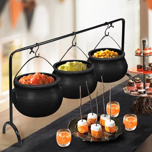 Halloween Decorations Indoor, 3 Pack Witches Cauldron Serving Bowls on Rack | Halloween Party Decorations Halloween Candy Bowl Black Plastic Cauldron for Home Kitchen Decor