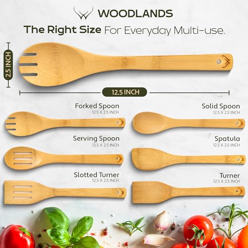 Prime Bamboo Wooden Spoons for Cooking Set of 6 Pcs – Wooden Cooking Utensils with Long Handle, Includes Flat Wood Spoon, Bamboo Spatula, and Slotted Spoon for Kitchen Utensils Set