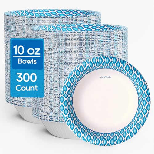 MUCHII 10 oz Paper Bowls, 300 Count Printed Disposable Small Bowls Bulk | Blue Printed,Mini Bowls,Soup Bowls,Soak Proof,Hot Soup Oatmeal Cereal,Ice Cream Dessert,Snacks Side Dish,Party School Lunch