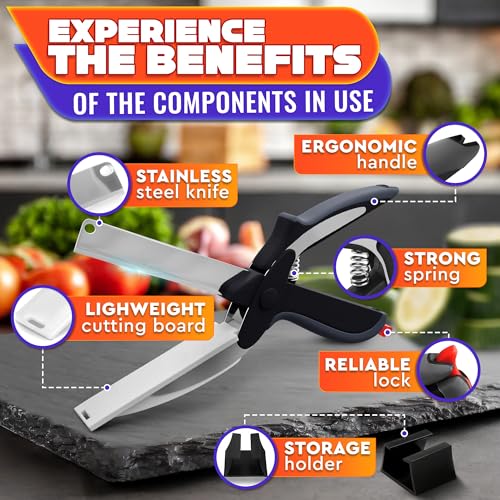 2 in 1 Kitchen Scissors for Food, Cutting Board Scissors with Safety Lock | Tomato Knife Alternative for Soft Veggies, Fruit & Cheese, 9 1/2 Inch Stainless Steel, Right or Left Hand, Dishwasher Safe
