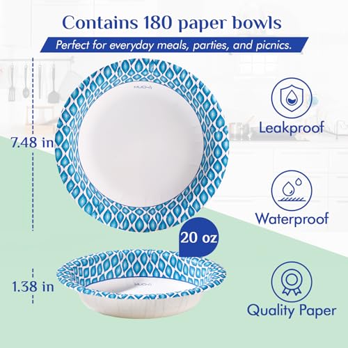 MUCHII 20 oz Paper Bowls, 180 Count Printed Disposable Large Bowls Bulk | Blue,Large Soup Bowls,Soak Proof,Big Bowls,Dessert,Salad,Breakfast,Lunch,Dinner Meals,School Cafeteria