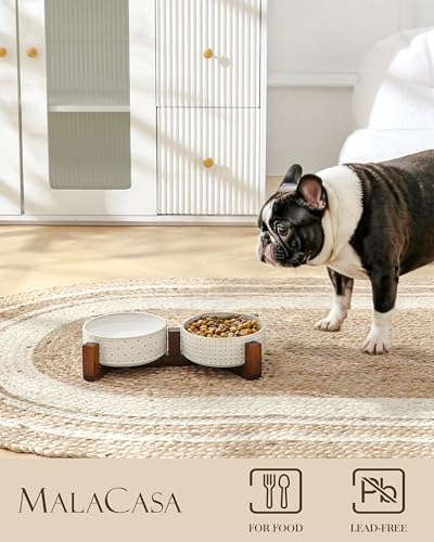 MALACASA Dog Bowl Set, Ceramic Bowls with Walnut Wood Stand, 2 Cups | Rhombic and Polka Dot Design, Non-Slip Base, for Cats and Dogs, About 26% Heavier than Similar Ceramic Bowls