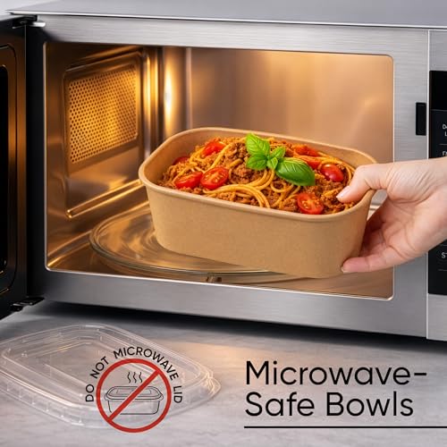 50 Pack 29oz Disposable Meal Prep Containers with Lids, Paper Food Bowls | Microwave & Freezer Safe, Leak-Resistant, Stackable, With Forks, For Soup, Salad, Pasta, Rice, Lunch, To Go, Take-Out, Office