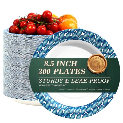 Pulvoro Paper Plates 8.5 Inch 300 Count Disposable Printed Plates | Cut Resistant, Soak Proof, Heavy Duty Printed Paper Plates, for Camping, Parties, Family Gathering and Daily Use