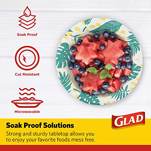Glad Round Disposable Paper Bowls, Palm Leaves Pattern, 16 Oz, 50 Count | Coated paper, soak-proof and cut-resistant, microwave safe, soup salad and snacks