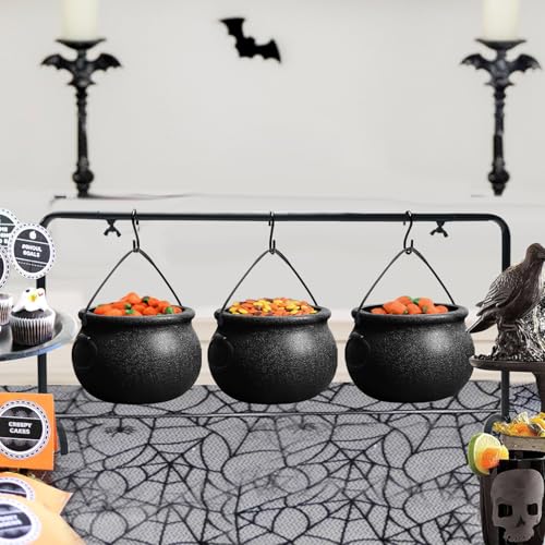 Halloween Decorations Indoor, 3 Pack Witches Cauldron Serving Bowls on Rack | Halloween Party Decorations Halloween Candy Bowl Black Plastic Cauldron for Home Kitchen Decor