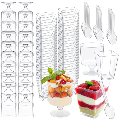 320-Pack Dessert Cups with Spoons 5 oz Mini Plastic Dessert Cups for Party Yogurt Parfait Jello Fruit Appetizer Cocktail Small Clear Reusable Square and Round Goblet-Shaped Dessert Bowls Shot Glasses