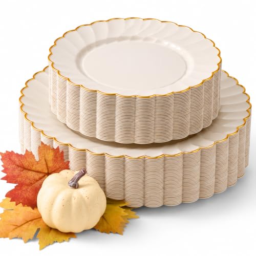 By Madee HEAVYWEIGHT Ivory Gold Scalloped Plastic Plates for Wedding 60 Pc | 30% Heavier • Heavy Duty Thanksgiving Plates • 30 Dinner & 30 Dessert • Friendsgiving Plates • Host Beautifully This Fall