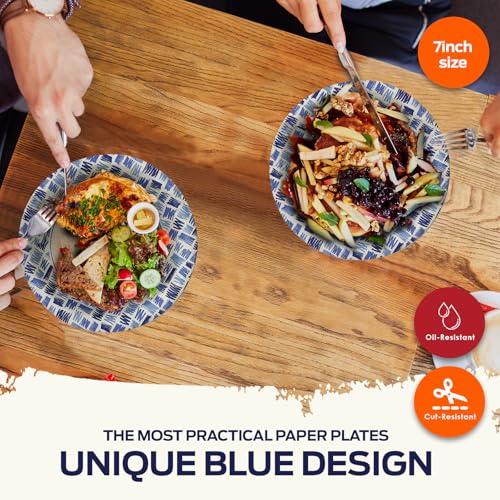 PAMI Heavy Duty Round Paper Plates 7 in,Microwave Safe,Disposable,Blue,50