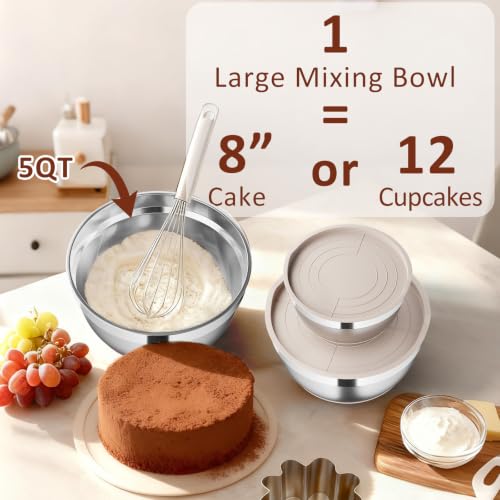 Hybemmy 9 Pack Mixing Bowls with Airtight Lids & Grater Attachments, Khaki | Stainless Steel Bowl, Non-slip Bases, Nesting Kitchen Bowl, Size 5, 4, 3, 2, 1.5,1QT,for Food Prep, Baking, Storage & Serving