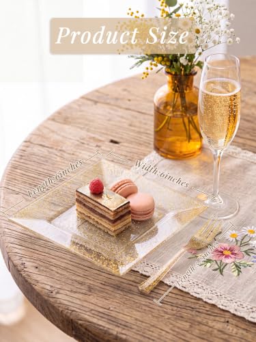 DaYammi 200Pcs Gold Dessert Plates Including 100Pcs Appetizer Plates 6",100Pcs Plastic Forks 5.7",Gold Glitter Plastic Square Plate for Party,Gold Salad Plate and Cake Forks for Party Wedding