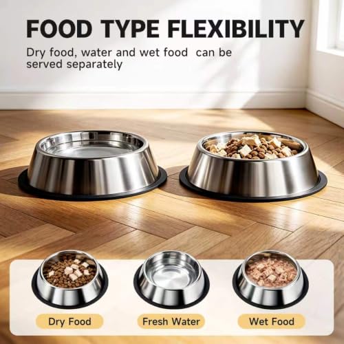 OneBug 13 Oz Steel Stainless Cat Dog Pet Food Water Shallow Dish Bowl, 2Pcs | 13 Fl / 384.5 Ml, Metal, Anti Spill, No Tip, Whisker Friendly, Removable Wide Base, Dishwasher Safe, Easily Clean, Sturdy