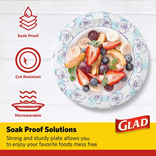 Glad Round Paper Plates, Blue Flower Design, 10 Inch, 50 Count | Heavy-duty, soak-proof, cut-resistant plates for meals, parties, picnics, and events