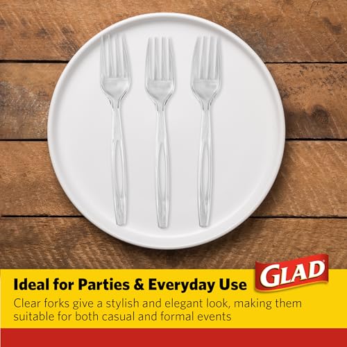 Glad Clear Heavy Duty Disposable Plastic Forks, Standard Size, 70 Count | Break-resistant, reduced-plastic forks for parties, camping, and everyday meals, top-rack reusable