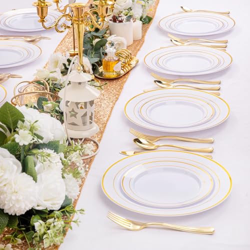 I00000 200 Pcs Gold Plastic Plates, Premium Disposable Gold Plates | Gold Rimmed Plastic Plates, BPA Free, Perfect for Wedding, Birthday, Holidays, Party, 100 Dinner & 100 Dessert Plates