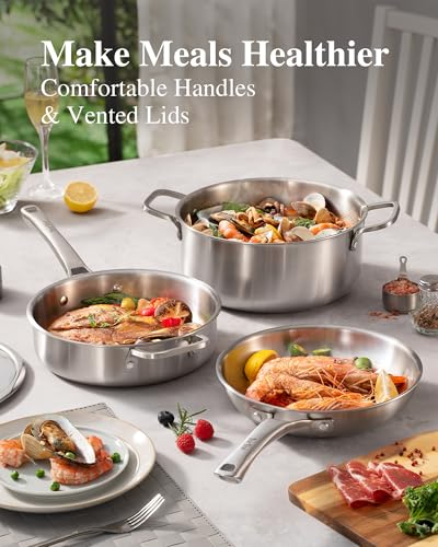 Stainless Steel Cookware Set,Tir-Ply Pots and Pans Set,10 Pcs Stainless Steel Induction Kitchen Cookware Sets,PFOA Free, Frying Pans, Au Gratin Pan,Saute Pan & Stock Pot,Compatible with All Cooktops