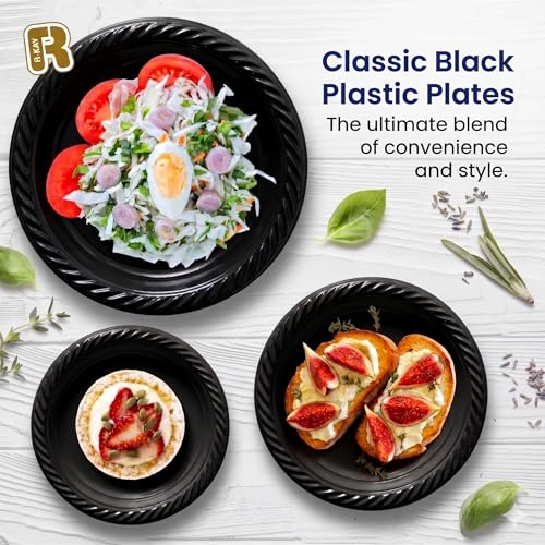 R-kay 100 Pack 6 Inch Black Plastic Plates Disposable - Heavy Duty Black Dessert Plates Disposable - Microwavable Small Disposable Plastic Plates