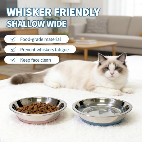 [8 Pack] Stainless Steel Cat Bowls, Cat Dishes Whisker Friendly with Non-Slip Silicone Bottom, Easy to Clean, 5.5" Shallow Wide Cat Food and Water Feeding Bowl for Indoor Outdoor Cats
