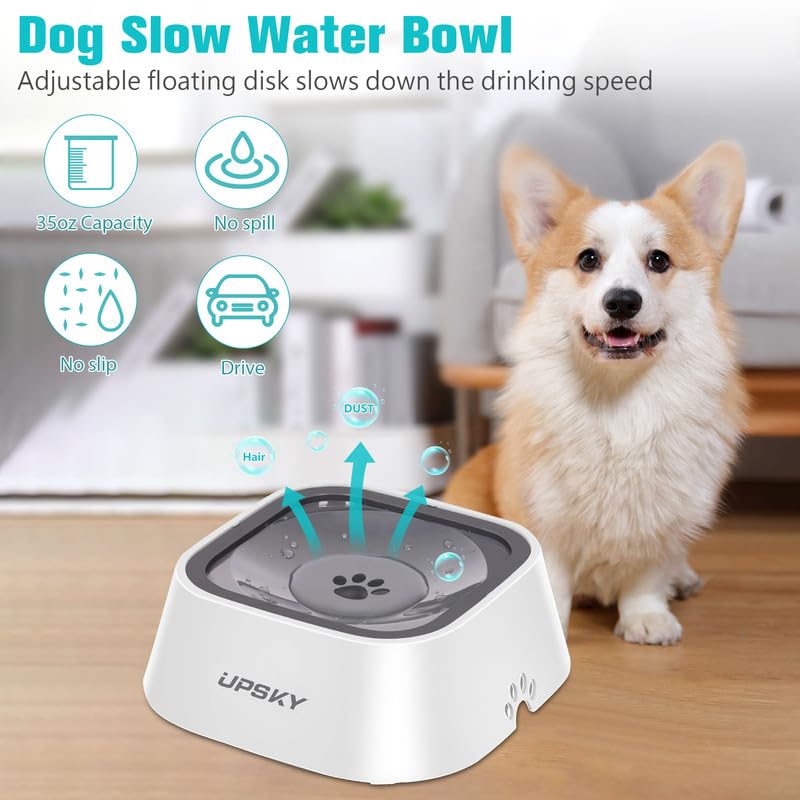 UPSKY 35oz No-Spill Pet Water Bowl, Slow Water Feeder for Dogs and Cats | Splash-Proof Bowls, Slow Drinking Pet Dish, Easy-Clean Dishwasher Safe, Portable For Travel