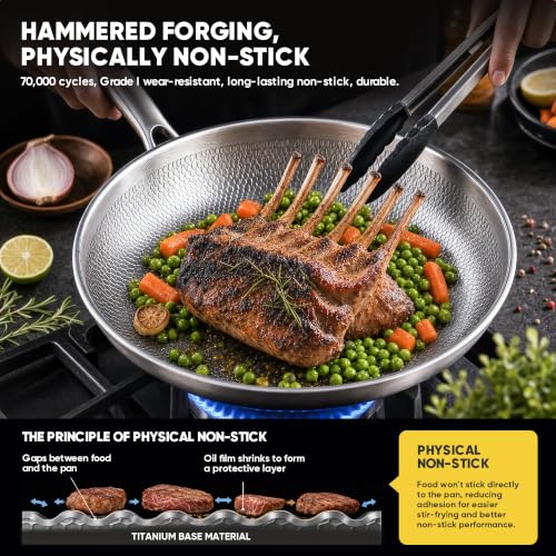 Okura Titanium Pans for Cooking, Titanium Cookware, 12" Frying Pan Hammered Design with Lid, Non-Toxic Pro Pan PFAS/PFOA/PTFE Free, Dishwasher&Oven Safe, Induction Compatible