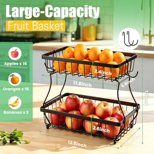 YUANCE 2-Tier Fruit Basket for Kitchen Counter with 2 Banana Hangers | Large Metal Fruit Bowl, Versatile Holder for Veggies, Produce Storage, 12.5"×7.5"×12"-Black