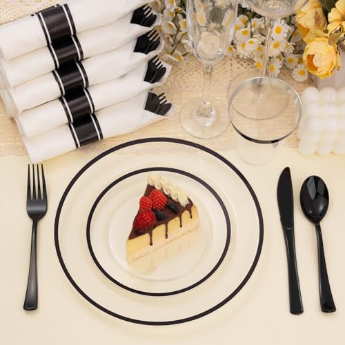 BESTSTAR 350 PCS Clear and Black Disposable Plastic Plate Set for 50 Guests | 100 Plastic Plates, 50 Plastic Cups, 50 Pre-Rolled Napkins with Cutlery for Halloween, Graduation Party, Birthday