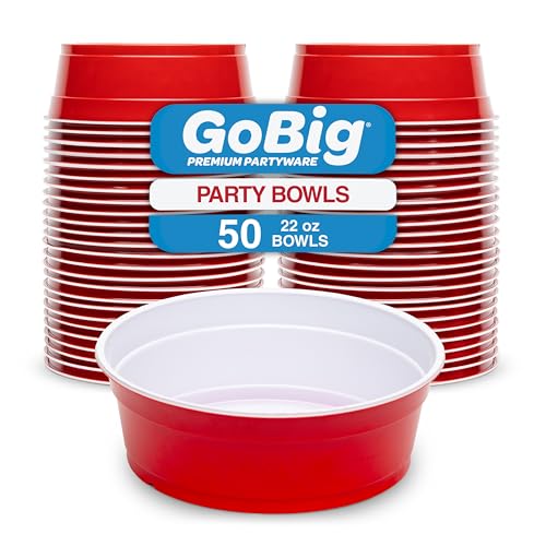 GoBig Red Party Cup Bowls - Large Disposable Plastic Bowls - 22 oz or 60 oz