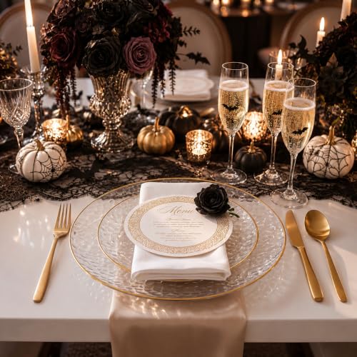 SUT 36Pcs Clear Plastic Plates, Hammered Plates Disposable Heavy Duty, Clear Disposable Plates With Gold Rim, Fancy Plastic plates Include 18 Dinner plate and 18 Dessert plate for Wedding