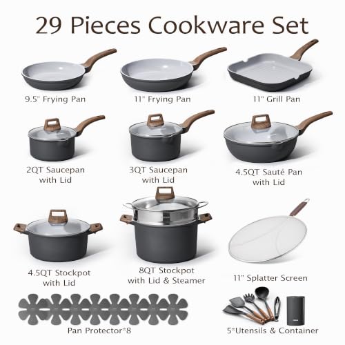 CAROTE 29pcs Ceramic Cookware Sets, Pots and Pans Set Gray