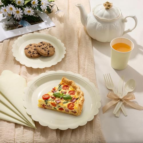 Goodluck 50 PCS Ivory Paper Plates 7 In Scalloped Disposable Dessert Plates | Small Appetizer Cake Plates for Wedding, Baby Shower, Birthday Party