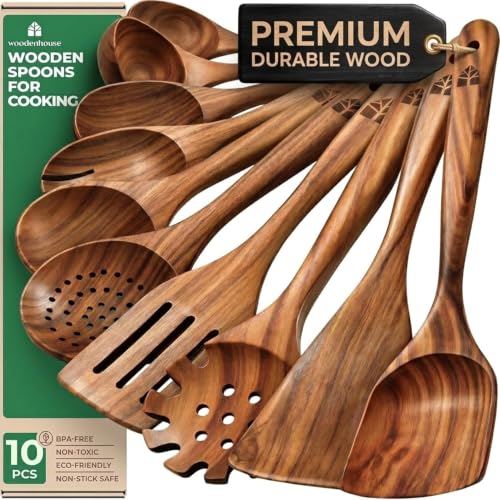 Wooden Spoons for Cooking – 10 Pcs Non Toxic Teak Kitchen Utensils Set | Includes spatula, turner, ladle, skimmer, pasta server & salad fork; heat resistant, nonstick safe, easy to clean