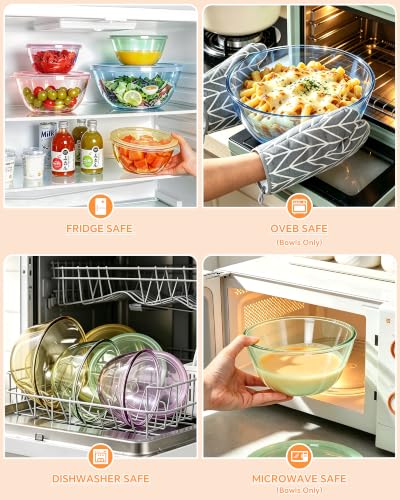 5 Pack Glass Mixing Bowls with Lids Set(4.78QT,2.2QT,1.7QT,1.1QT,0.85QT) | Color Thick Glass Large Salad Bowls,Nesting Bowls for Kitchen Baking,Prepping,Cooking,Serving,Dishwasher Microwave Oven Safe
