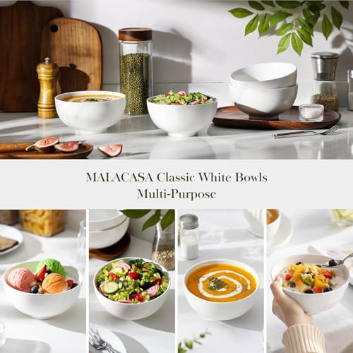 MALACASA 26 Oz White Ceramic Soup Bowls of 4, Cereal Bowls for Kitchen | Perfect for soup, cereal, dinner, noodles,ramen or fruit; scratch-resistant, stackable, microwave, oven & dishwasher safe
