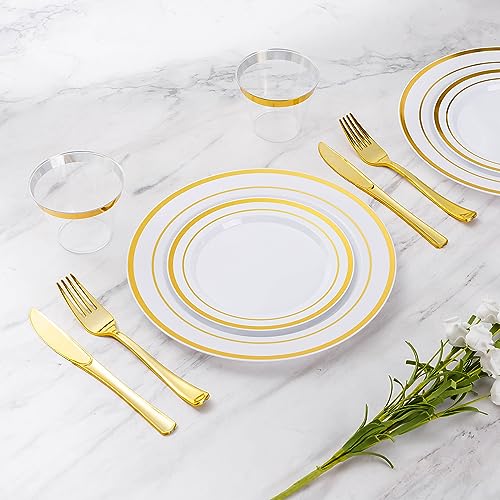 Goodluck 600 Pieces Gold Disposable Plastic Plates for 100 Guests | Include: Dinnerware Set of 100 Dinner and 100 Dessert Plates, 100 Spoons, 100 Forks, 100 Knives, 100 Cups Plates for Party