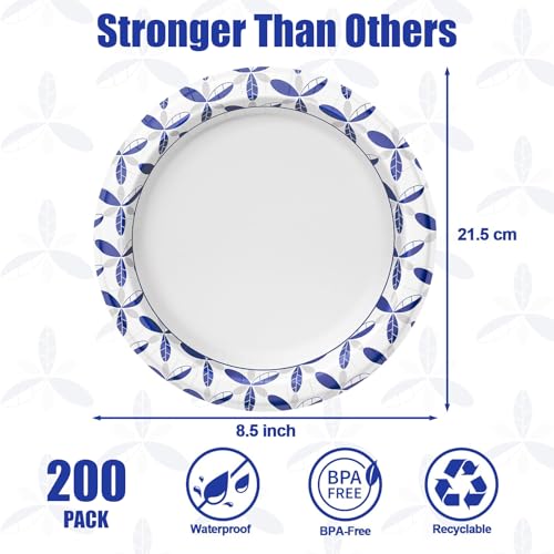 BYSNOW 200 Pack 8.5 inch Heavy Duty Paper Plates Disposable | Thickened Bulk Plates, Leak And Soak Proof For Dinner, Party, Birthday, Picnic, Banquets, Catering Events, Barbecues