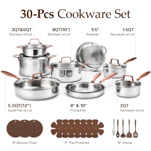 CAROTE 30 PCS Tri-Ply Stainless Steel Cookware Set Pots and Pans Set