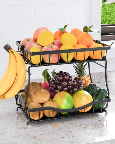 2-Tier Fruit Basket for Kitchen Counter with 2 Removable Banana Holders | Metal Wire Fruit Bowl with Protective Pads & Rubber Feet | Kitchen Organization for Vegetables, Snacks & Bread | 12.7"Lx8.7"W