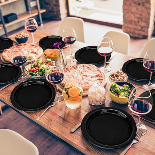 50 Pcs Paper Plates 9 Inches Black Plates, Disposable Party Tableware Set | Heavy-duty Dinner Plates, Round Party Plates for Wedding Birthday Decorations, Black Party Supplies for Daily Meals Picnic