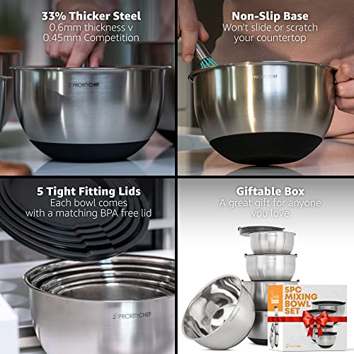 Premium Mixing Bowls with Airtight Lids Set, Thicker Stainless Steel, Black | 1.5-5 Qt Metal Nesting Bowls with Non-Slip Base that are Ideal For Baking, Serving and Storing in the Kitchen