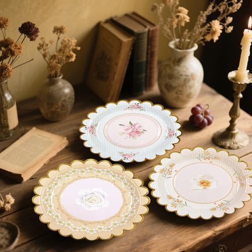 Xjoviative 48 PCS Vintage Floral Paper Plates 7 inch, Scalloped Flower Tea Party Plates Disposable Cake Dessert Plate for Birthday Bridal Shower Baby Shower Wedding Party Decorations (Floral)