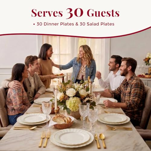 By Madee HEAVYWEIGHT Ivory Gold Scalloped Plastic Plates for Wedding 60 Pc | 30% Heavier • Heavy Duty Thanksgiving Plates • 30 Dinner & 30 Dessert • Friendsgiving Plates • Host Beautifully This Fall