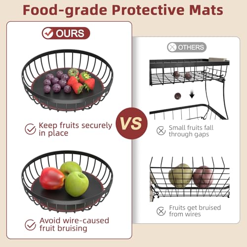 Sevenblue 2 Tier Large Fruit Bowl for Kitchen Counter with 2 Banana Hangers | Sturdy Metal Basket for Fruit, Bread & Onions, Modern Wire Fits Various Styles, Includes Food-Safe Mats to Keep Produce Fresh