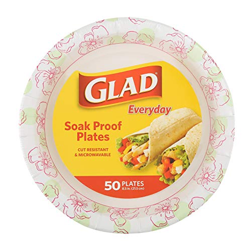 Glad Round Disposable Paper Plates, Pink Flower Pattern, 8.5 Inch, 50 Count | Coated paper, soak-proof and cut-resistant, microwave safe, dinner parties and everyday meals