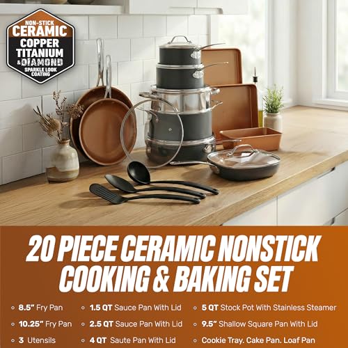 GOTHAM STEEL 20 Pc Titanium Ceramic Cookware Set, Diamond Infused, Copper