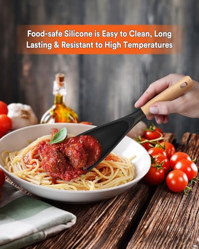 Badiano Silicone Cooking Spoon for Nonstick Cookwares, Multi-function,11.4" | Great for Cooking and Serving, Sturdy BPA-Free Matte Silicone, Wood Handle Spoon for Mixing, Scoop, and Scrape, Black & Grey