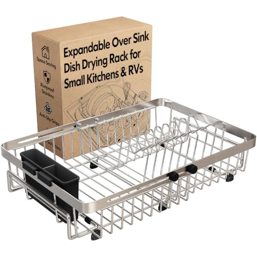 MAJALiS Expandable Dish Drying Rack Over The Sink with Anti Slip Grip | Stainless Steel Dish Drainer for Small Kitchen, Apartment, RV, Counter Space Saving, Perfect Fit, Anti-Slip, Rustproof