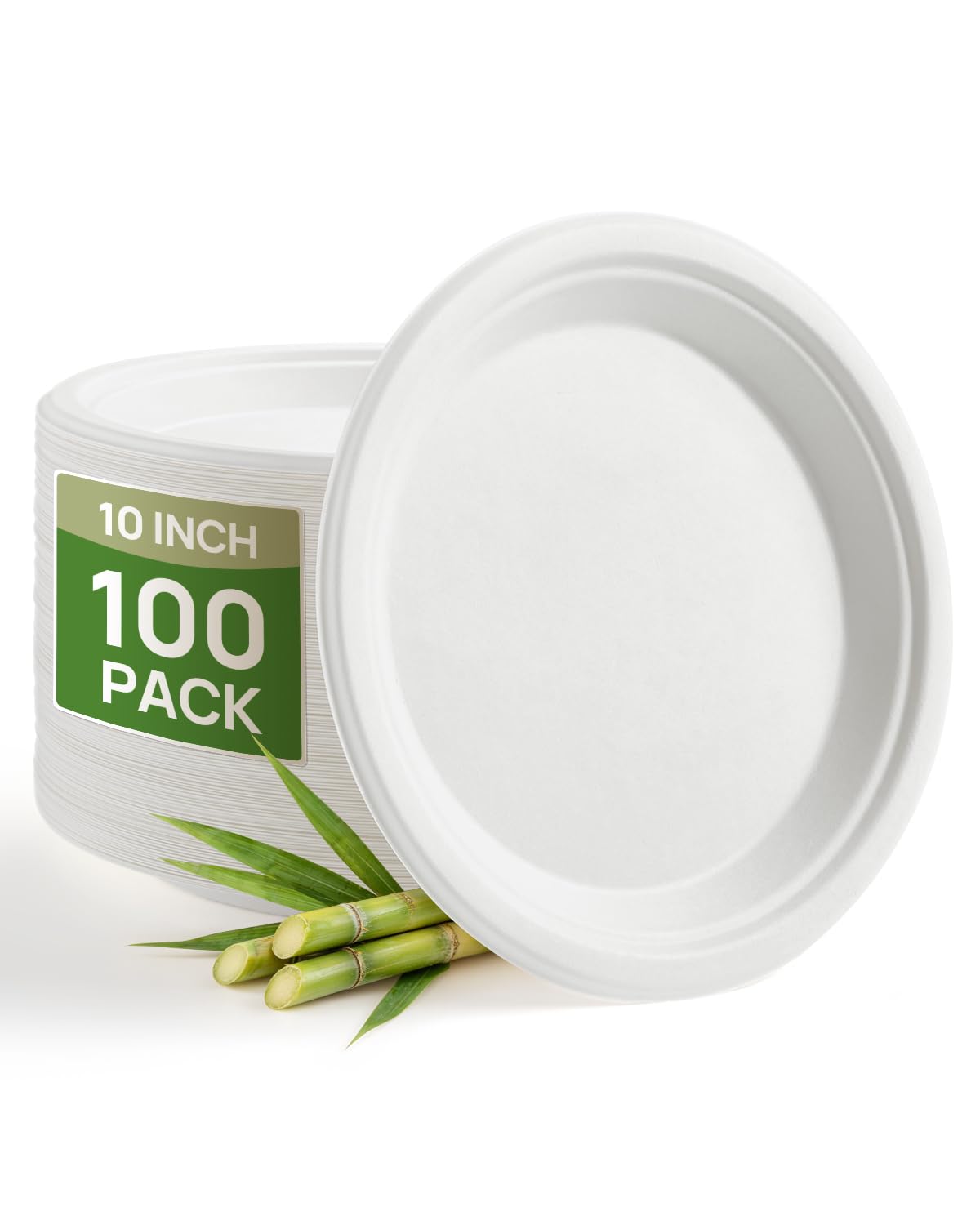 Goodluck 10 Inch White Compostable Sugarcane Paper Plates, 100 Pack | 100% FSC Certified Bagasse Plates, Heavy Duty, Eco Friendly Disposable Dinnerware for Party, Wedding, BBQ & Everyday Use