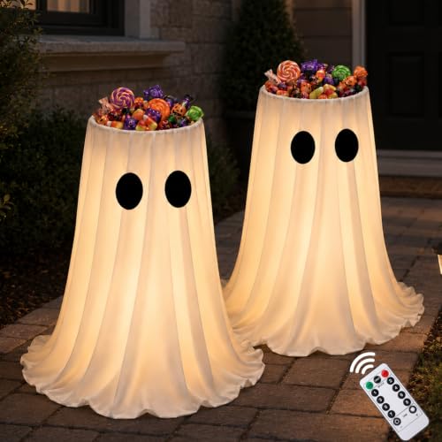 Celltestria 2PCS Halloween Glowing Ghost Candy Bowl Holder for Outdoor | 8 Lighting Modes Halloween LED Ghost Candy Holder Stand for Front Door Porch Outdoor Indoor Party Decor